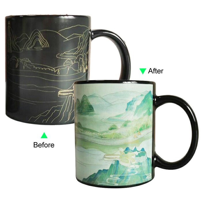 C8095B-104LS Color Change Heat Sensitive Funny Mug 11oz Ceramic Black Coffee Mug Novelty Landscape Design Mug