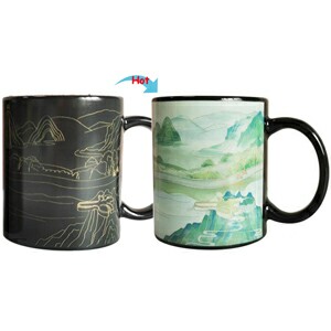 C8095B-104LS Color Change Heat Sensitive Funny Mug 11oz Ceramic Black Coffee Mug Novelty Landscape Design Mug