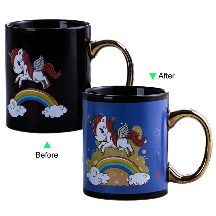 C8095B-099UC Color Change Heat Sensitive Funny Mug 11oz Black Ceramic Coffee Mug Golden Handle Novelty Unicorn Design