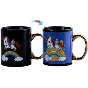 C8095B-099UC Color Change Heat Sensitive Funny Mug 11oz Black Ceramic Coffee Mug Golden Handle Novelty Unicorn Design