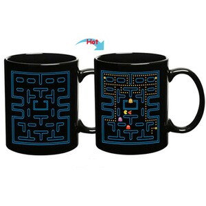 C8095B-096ST Color Change Heat Sensitive Funny Mug 11oz Ceramic Black Coffee Mug Novelty PACMAN Design Mug