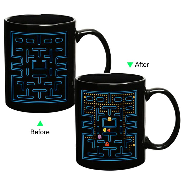 C8095B-096ST Color Change Heat Sensitive Funny Mug 11oz Ceramic Black Coffee Mug Novelty PACMAN Design Mug