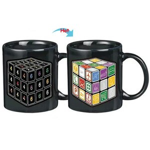 C8095B-100CB Color Change Heat Sensitive Funny Mug 11oz Ceramic Black Coffee Mug Novelty Cube Design Mug