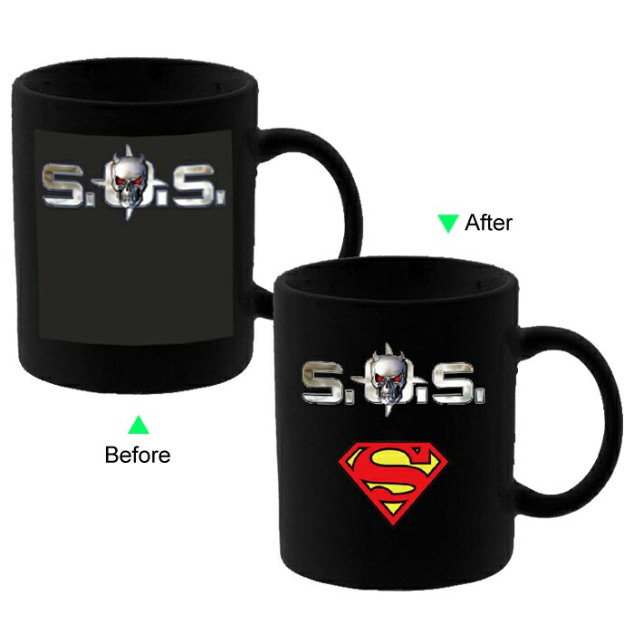 C8095B-092OS Color Change Heat Sensitive Funny Mug 11oz Ceramic Black Coffee Mug Novelty Superman Logo and SOS Design Mug