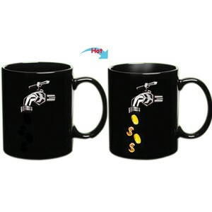 C8095B-102CO Hot Changing Ceramic Mug 11oz Heated Black Coffee Mug of Novelty Coins Faucet Design Mug Gift Idea Hero