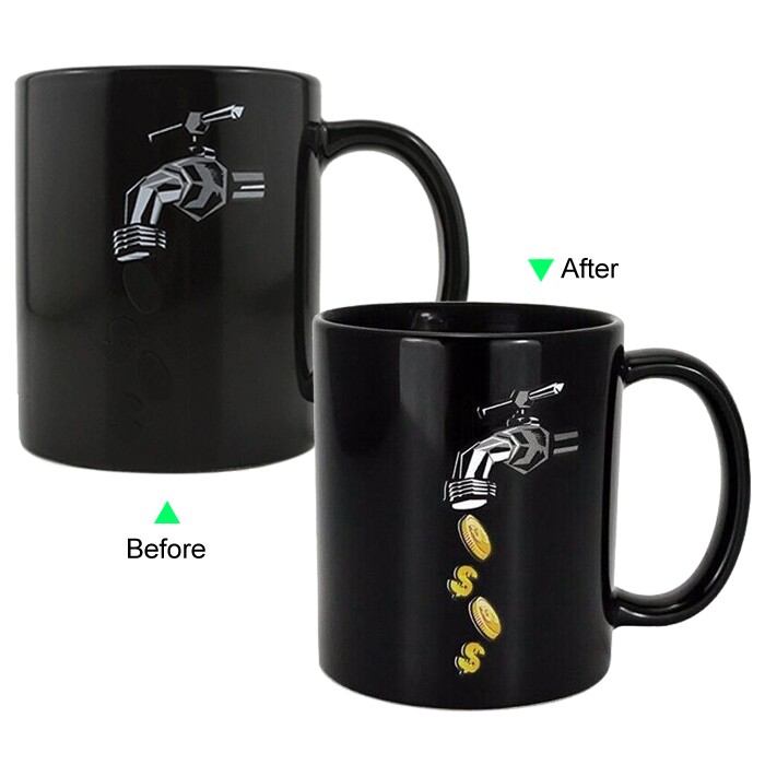 C8095B-102CO Hot Changing Ceramic Mug 11oz Heated Black Coffee Mug of Novelty Coins Faucet Design Mug Gift Idea Hero