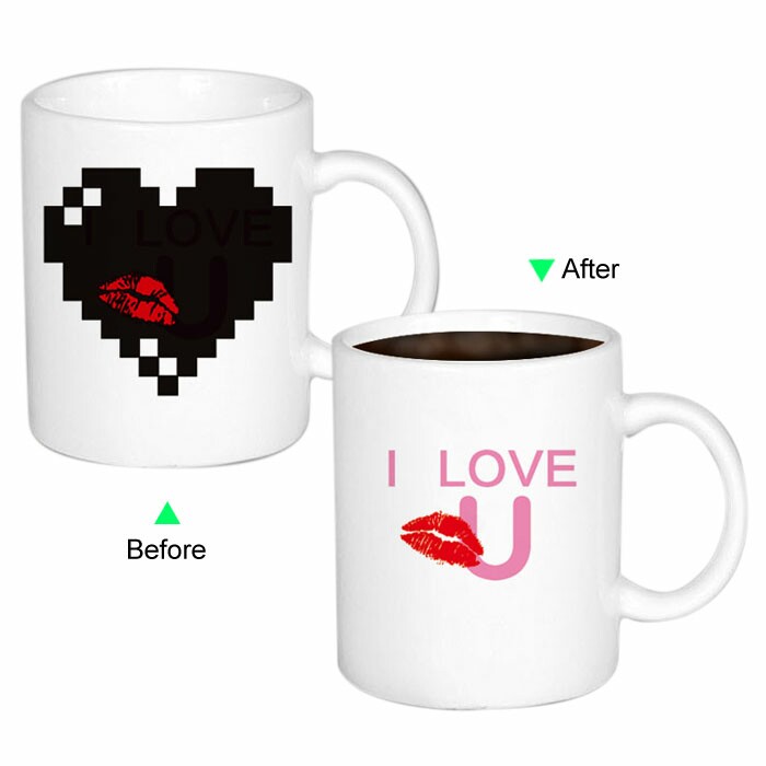 C8095W- KISS U Hot Changing Ceramic Mug 11oz Heated White Coffee Mug of Novelty Red KISS U Design Mug Gift Idea