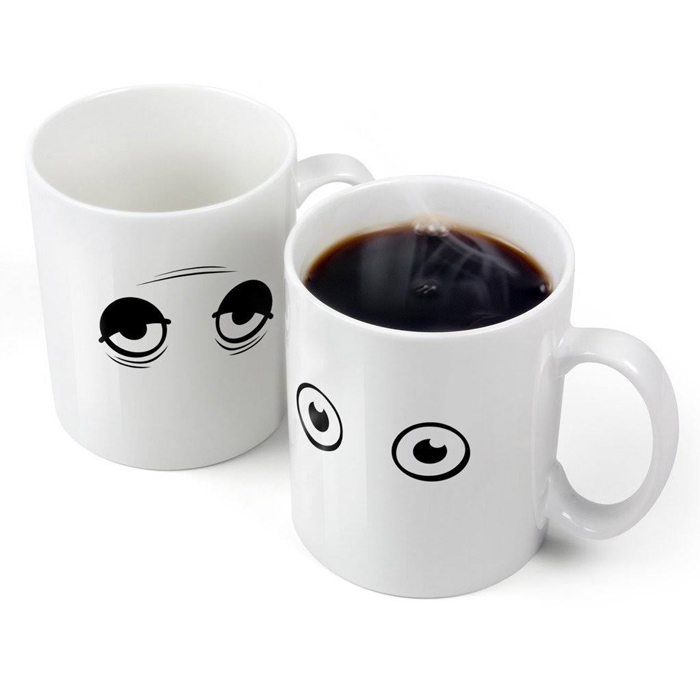 C8095W-113WU Color Change Heat Sensitive Funny Mug 11oz Ceramic White Coffee Mug Novelty WAKE UP Design Mug