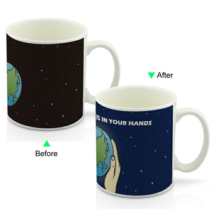 CC8095W-058ET Color Change Heat Sensitive Funny Mug 11oz Ceramic White Coffee Mug Novelty Earth Design Mug