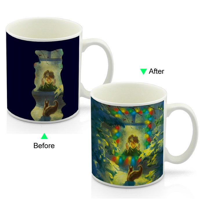 CC8095W-008KL Color Change Heat Sensitive Funny Mug 11oz Ceramic White Coffee Mug Novelty Lamp and Snow Design Mug