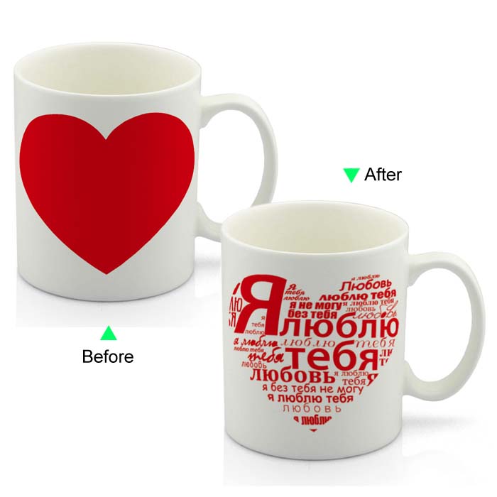 PC8095W-RH 11oz OEM Thermo Mug Heat Sensitive Valentines Day Red Heart Russian Text Language Show love Gift