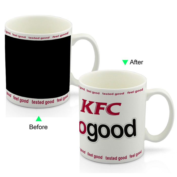 PC8095W-KFCW Color Change Advertising Heat Sensitive Funny Promotional Mug 11oz Ceramic White Coffee Mug Customized Good KFC LOGO Giveaway